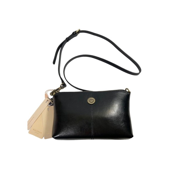 KALUNMA Handbags - Kalunma Black 100% Smooth Oil Rich Leather Crossbody Purse Brass Bag Charms NWT